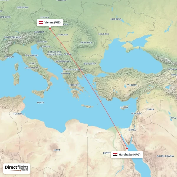 Hurghada - Vienna direct flight map