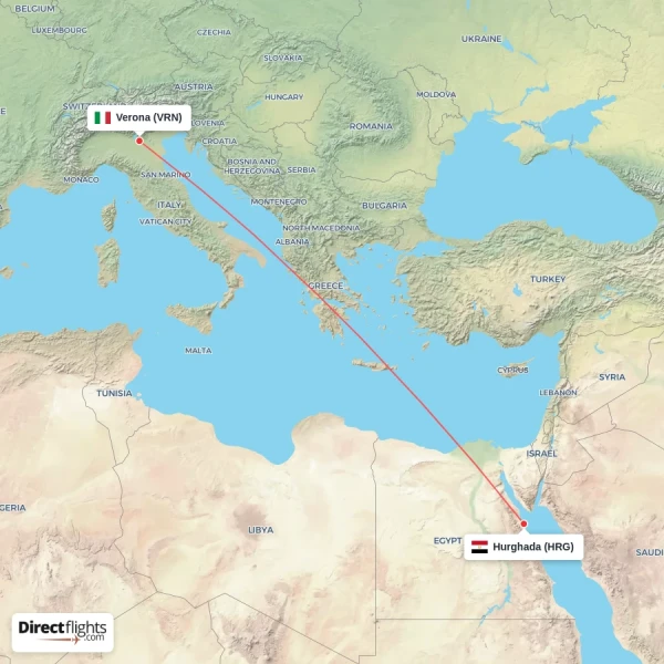 Hurghada - Verona direct flight map