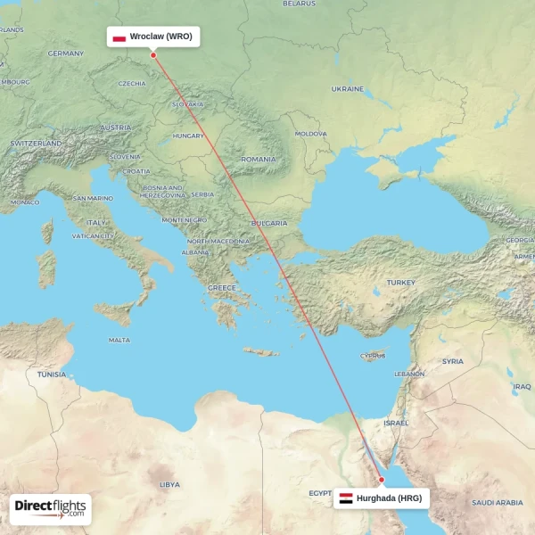 Hurghada - Wroclaw direct flight map