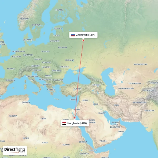 Hurghada - Zhukovsky direct flight map