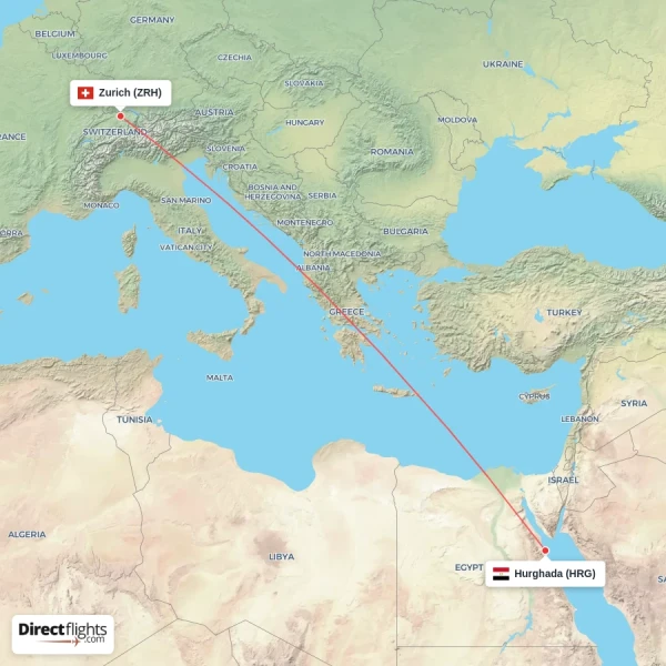 Hurghada - Zurich direct flight map