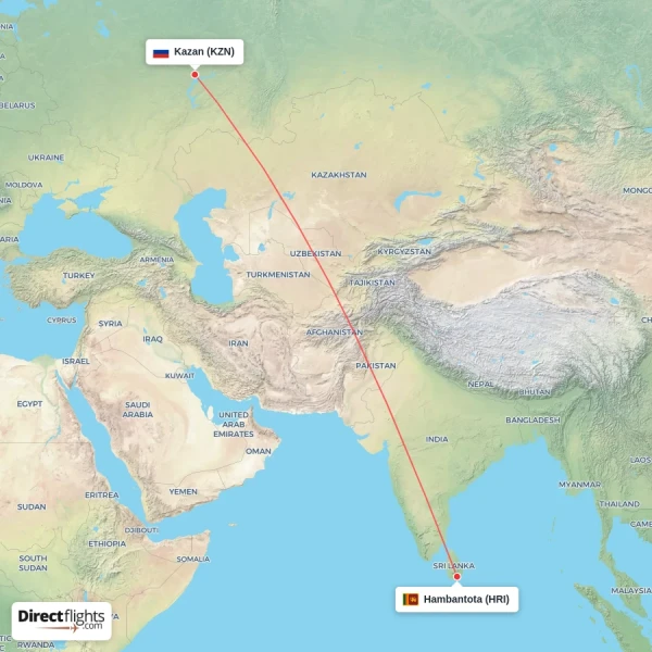 Hambantota - Kazan direct flight map