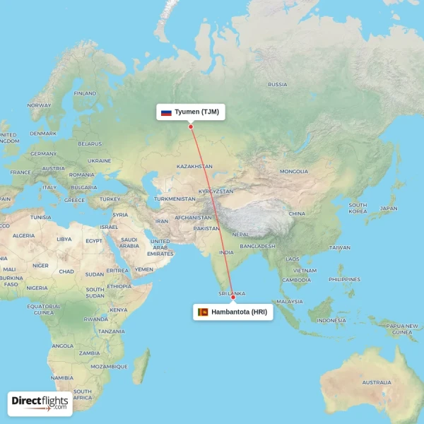 Hambantota - Tyumen direct flight map
