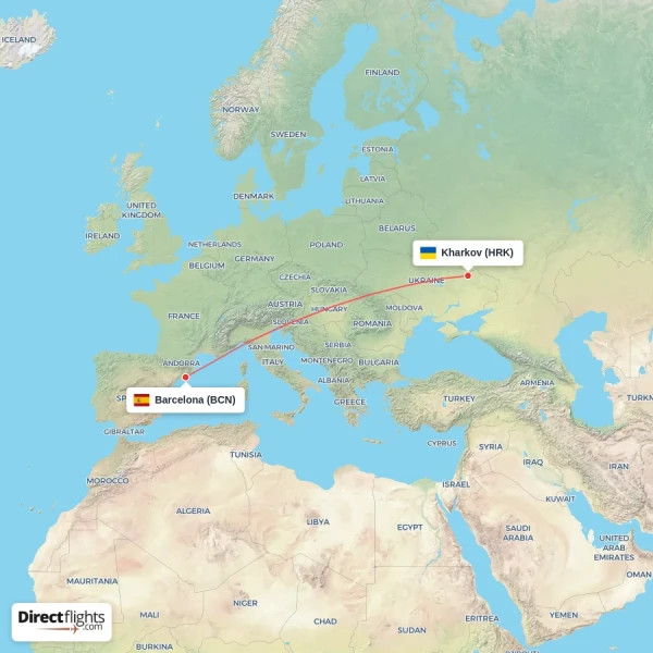 Kharkov - Barcelona direct flight map