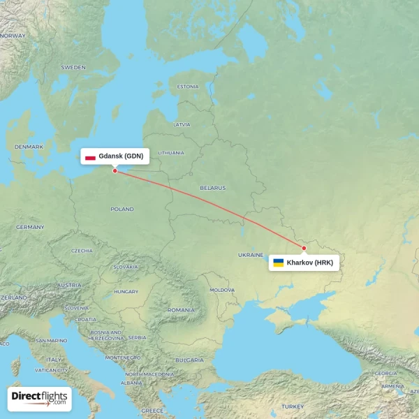Kharkov - Gdansk direct flight map