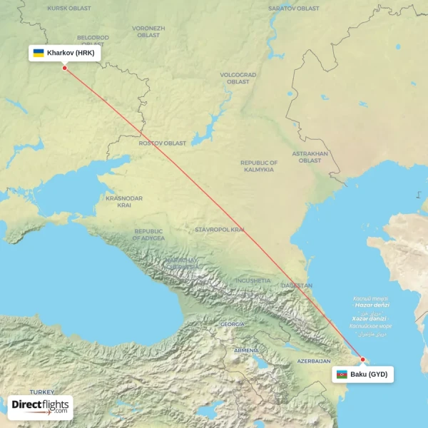 Kharkov - Baku direct flight map