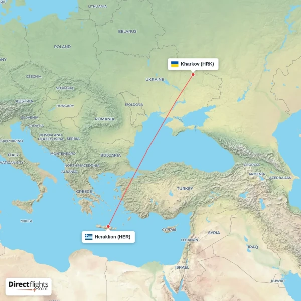 Kharkov - Heraklion direct flight map