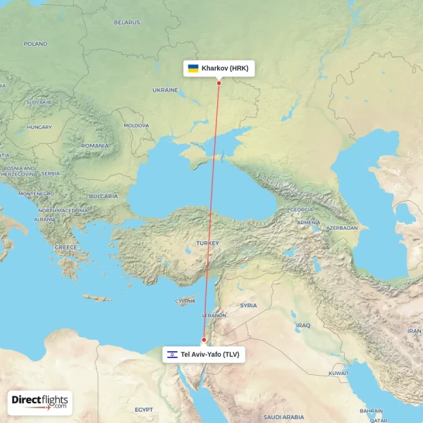 Kharkov - Tel Aviv-Yafo direct flight map
