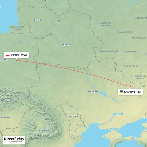 Kharkov - Warsaw direct flight map