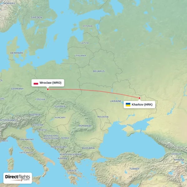 Kharkov - Wroclaw direct flight map
