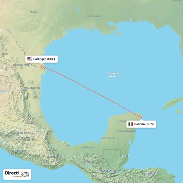 Harlingen - Cancun direct flight map
