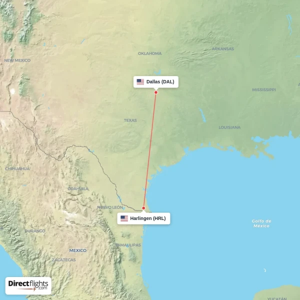 Harlingen - Dallas direct flight map