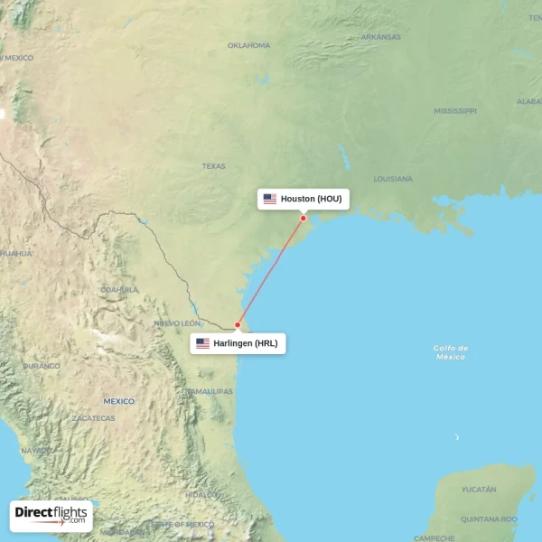Harlingen - Houston direct flight map