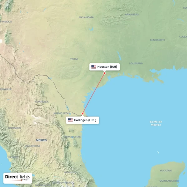 Harlingen - Houston direct flight map
