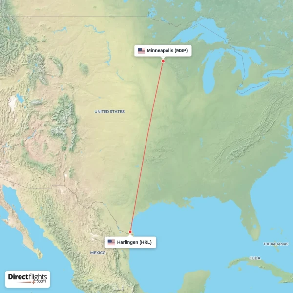 Harlingen - Minneapolis direct flight map