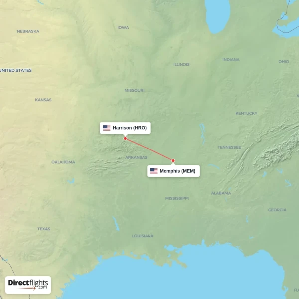 Harrison - Memphis direct flight map