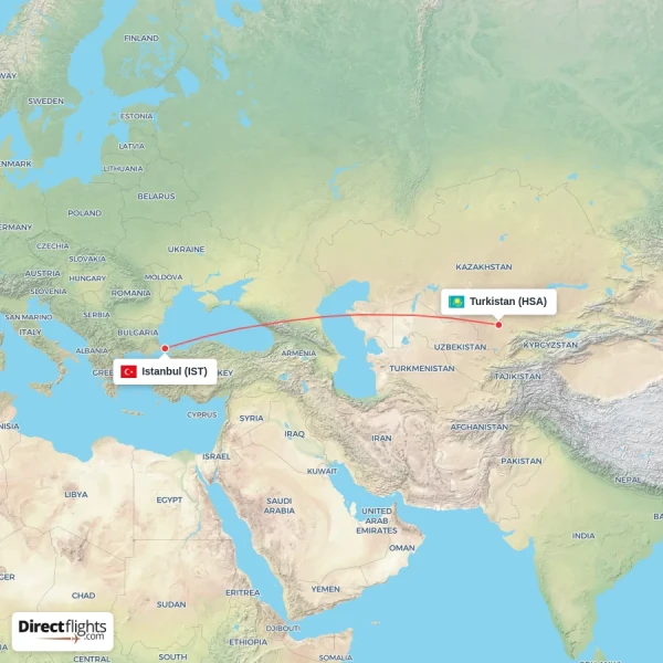 Turkistan - Istanbul direct flight map