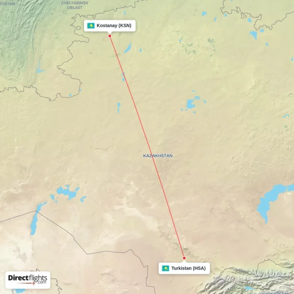 Turkistan - Kostanay direct flight map