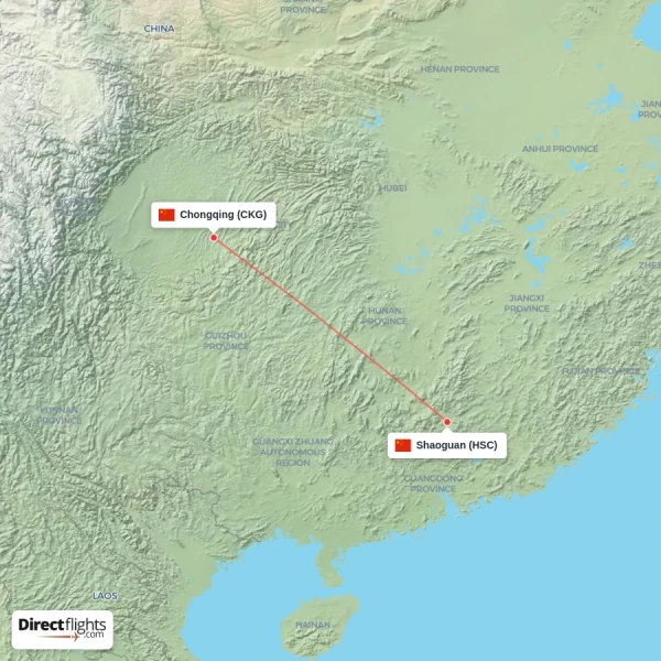 Shaoguan - Chongqing direct flight map