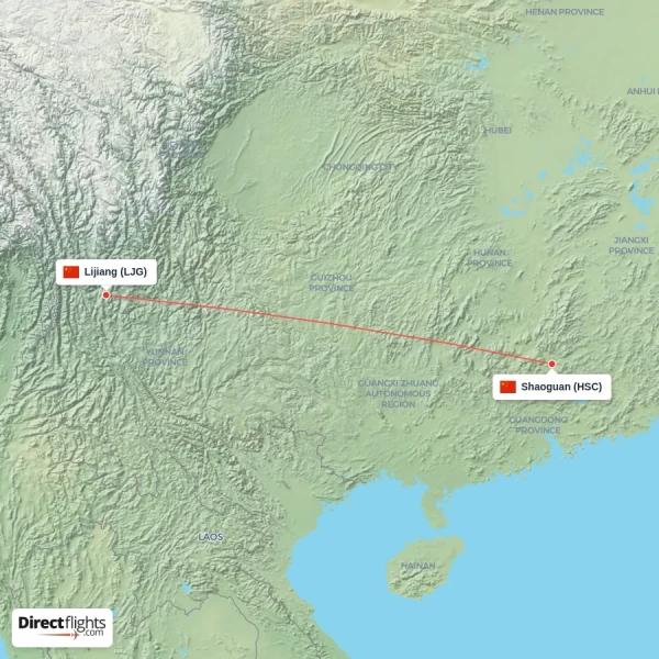 Shaoguan - Lijiang direct flight map