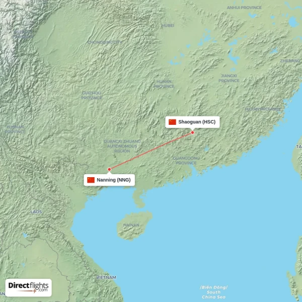 Shaoguan - Nanning direct flight map