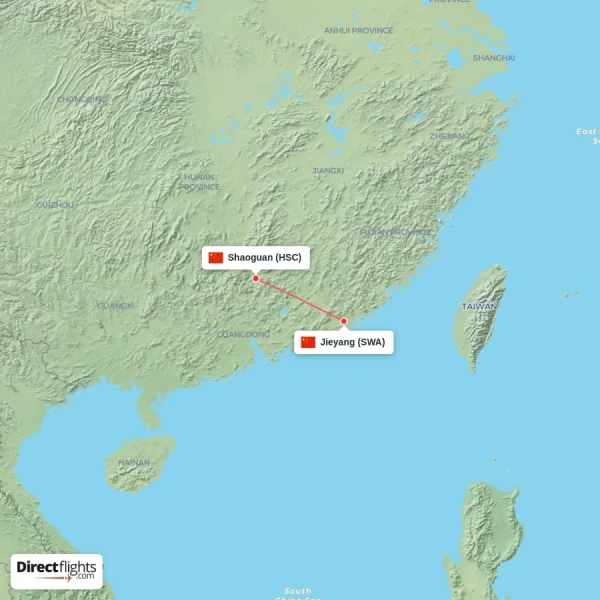 Shaoguan - Jieyang direct flight map