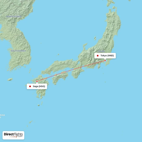 Saga - Tokyo direct flight map