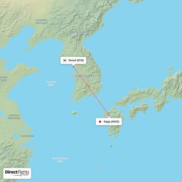 Saga - Seoul direct flight map