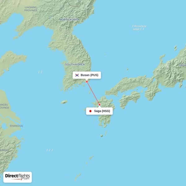 Saga - Busan direct flight map