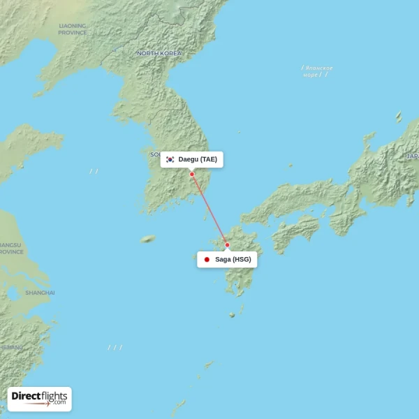 Saga - Daegu direct flight map