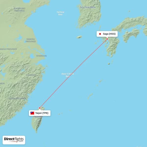 Saga - Taipei direct flight map