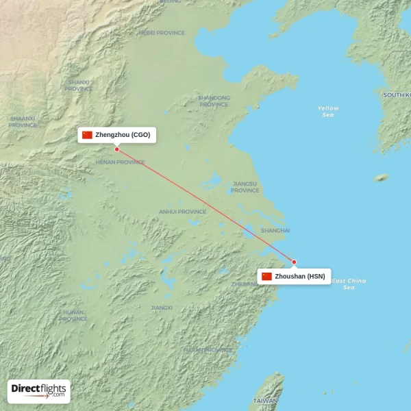 Zhoushan - Zhengzhou direct flight map