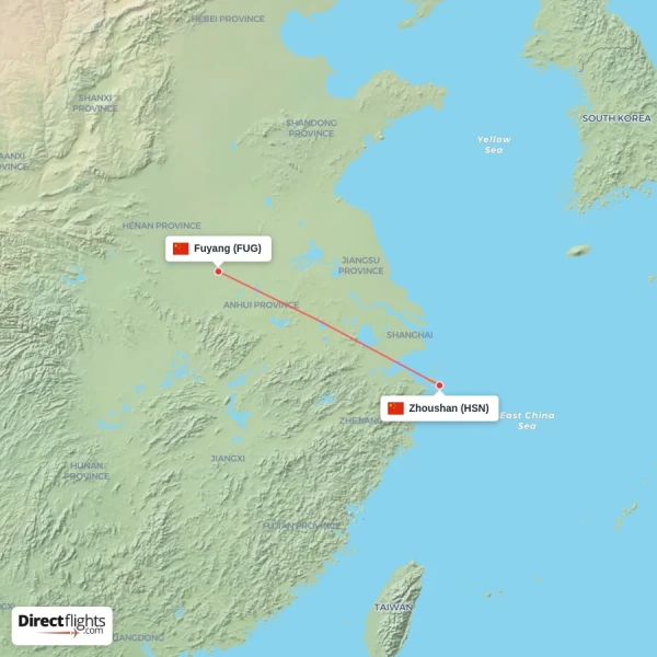 Zhoushan - Fuyang direct flight map
