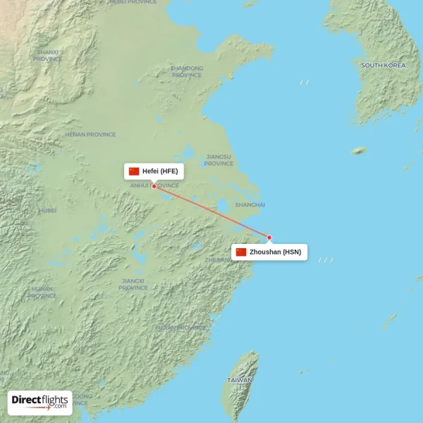 Zhoushan - Hefei direct flight map