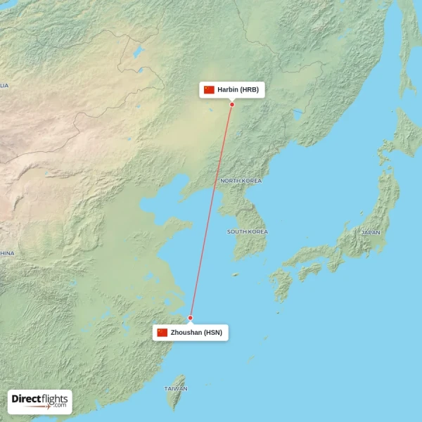 Zhoushan - Harbin direct flight map