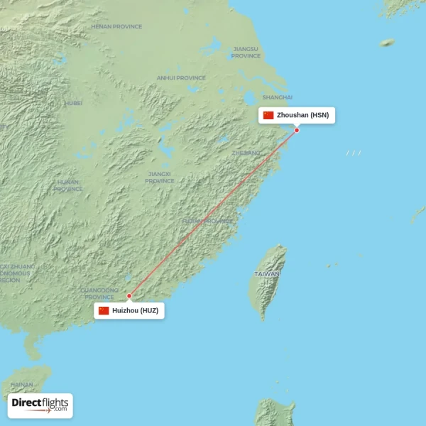 Zhoushan - Huizhou direct flight map