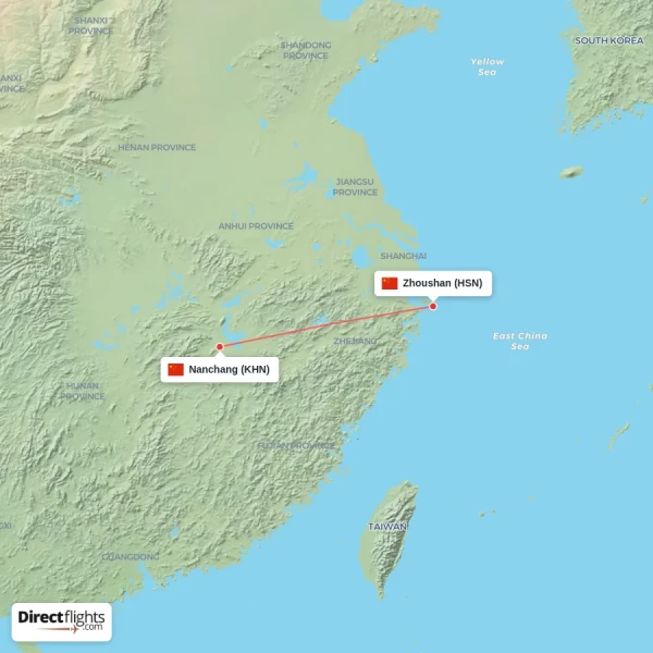 Zhoushan - Nanchang direct flight map