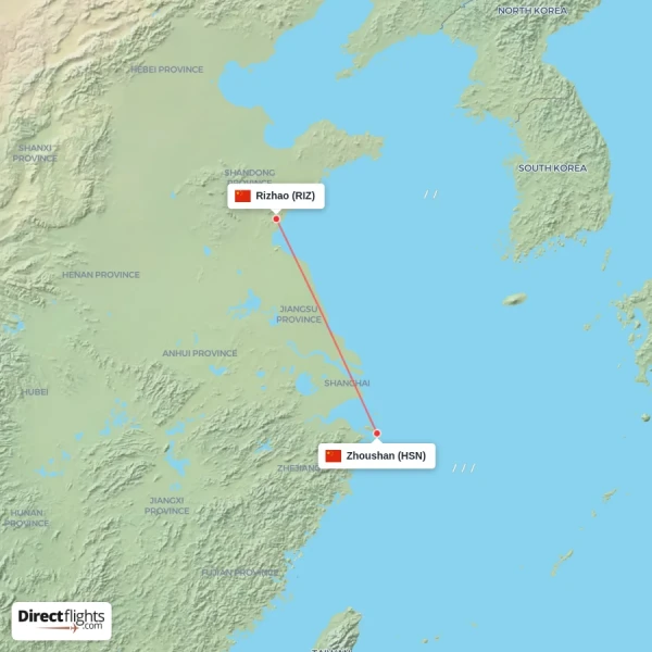 Zhoushan - Rizhao direct flight map