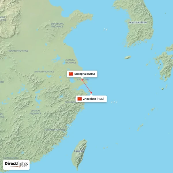 Zhoushan - Shanghai direct flight map