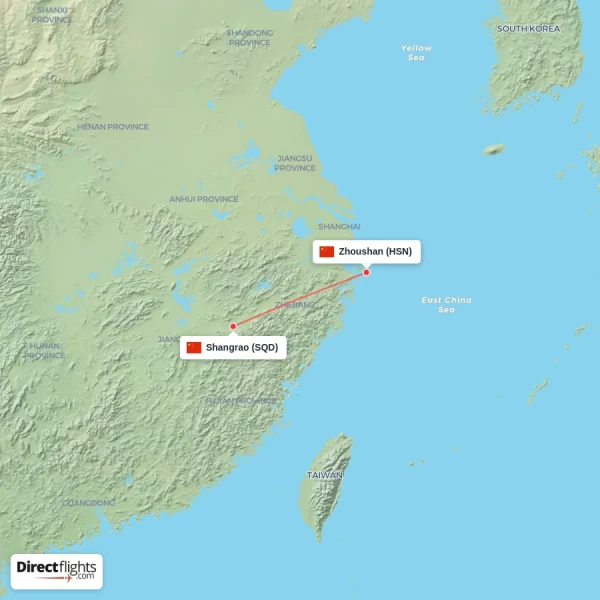 Zhoushan - Shangrao direct flight map