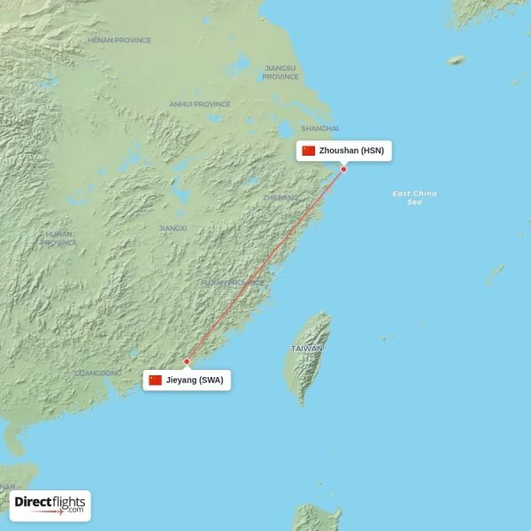 Zhoushan - Jieyang direct flight map