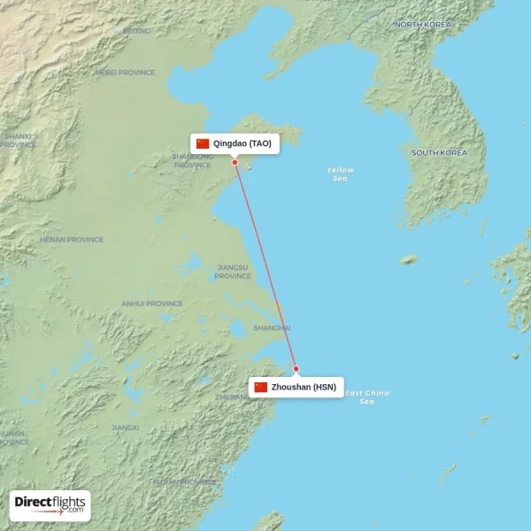 Zhoushan - Qingdao direct flight map