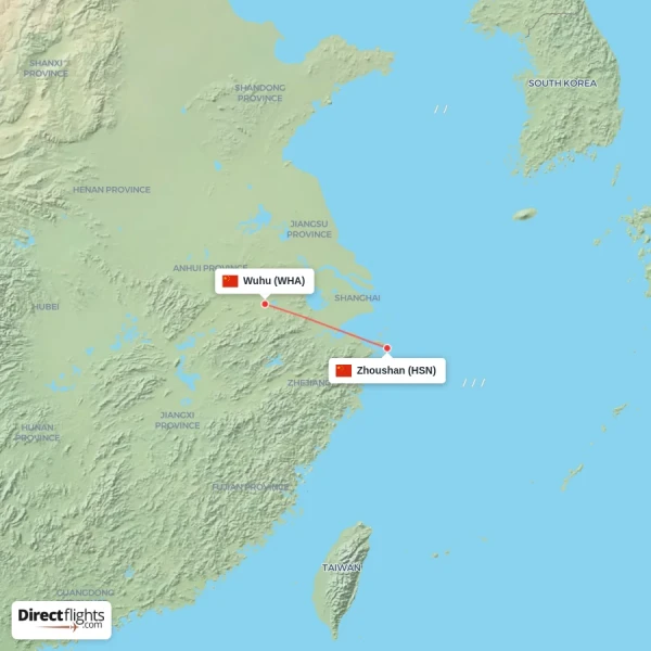 Zhoushan - Wuhu direct flight map