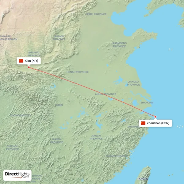 Zhoushan - Xian direct flight map