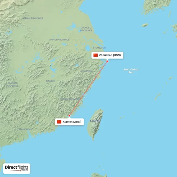 Zhoushan - Xiamen direct flight map