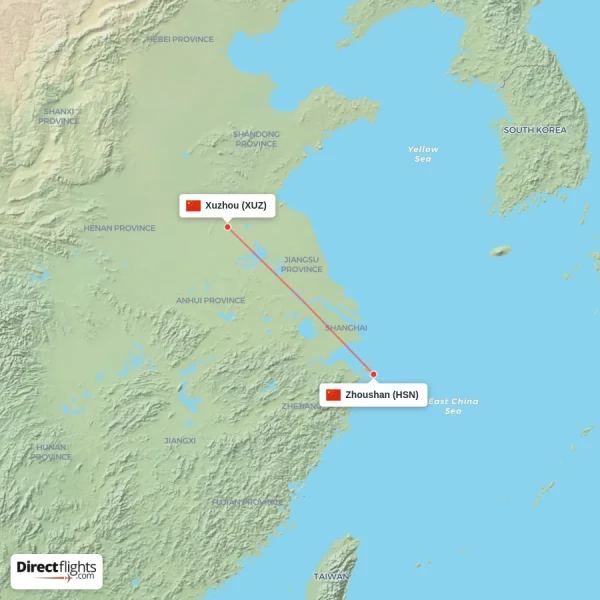 Zhoushan - Xuzhou direct flight map