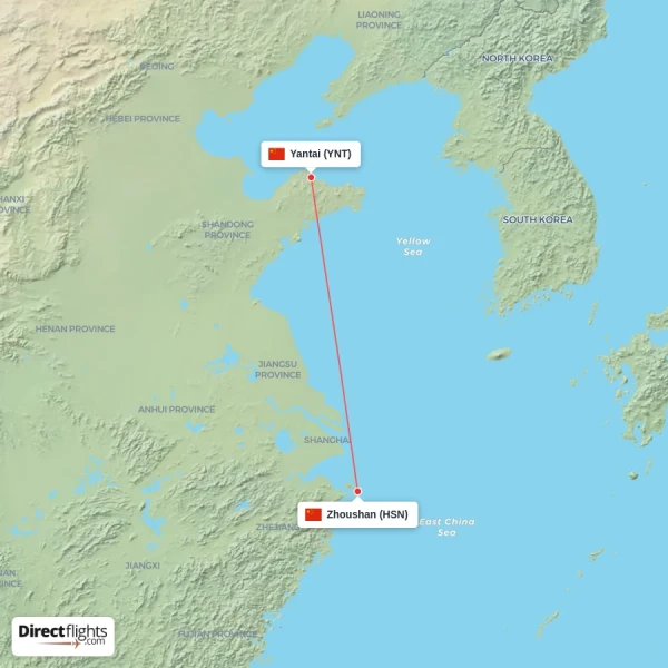 Zhoushan - Yantai direct flight map
