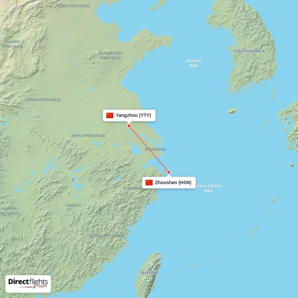 Zhoushan - Yangzhou direct flight map