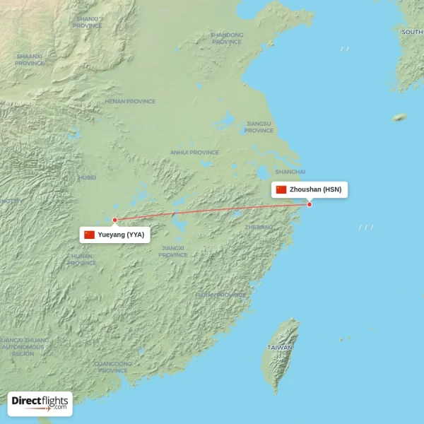 Zhoushan - Yueyang direct flight map