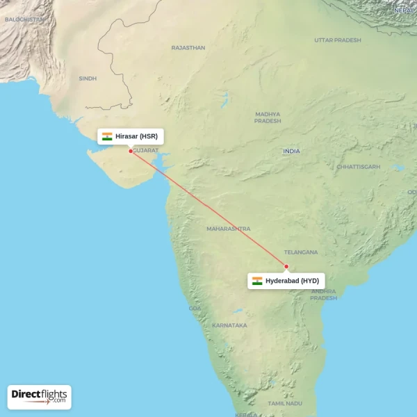 Hirasar - Hyderabad direct flight map